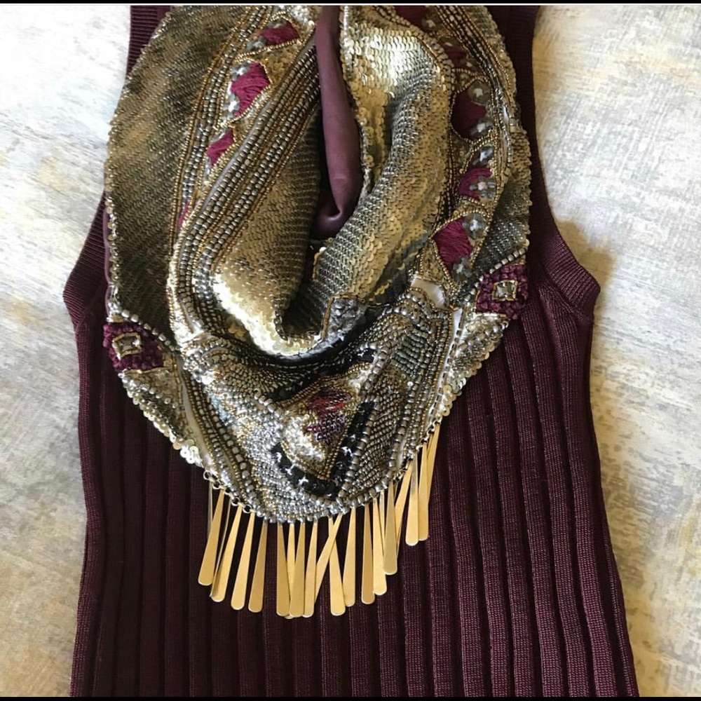 Leather Lined Scarf Necklace with Metal Tassles